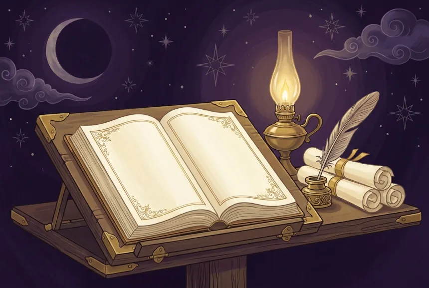 Un livre ouvert et enluminé sur un lutrin, une lampe à huile et une plume à côté, quelques rouleaux de référence : l'étude soignée et sourcée