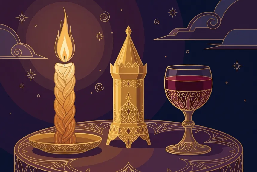 Une bougie tressée de havdala qui brûle, une boîte à épices dorée et une coupe de vin à la sortie du Chabbat, la nuit