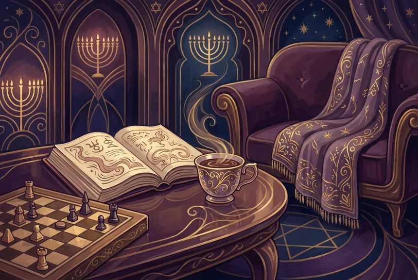 Une famille attablée le samedi après-midi, des livres ouverts et un jeu posé sur la nappe, lumière douce