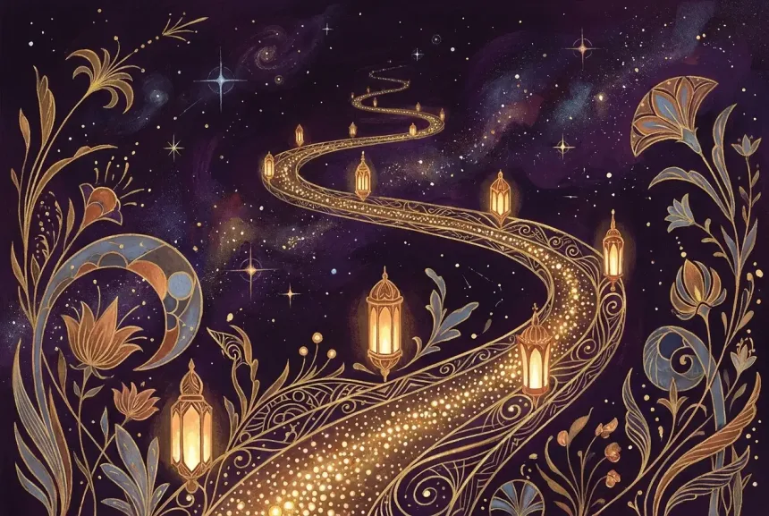 Un chemin sinueux jalonné de points de lumière, figurant les étapes du parcours