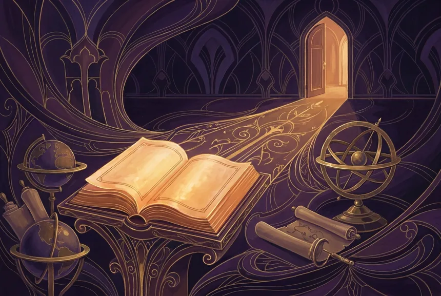 Un livre ouvert et illuminé, sa lumière portée au loin vers une porte