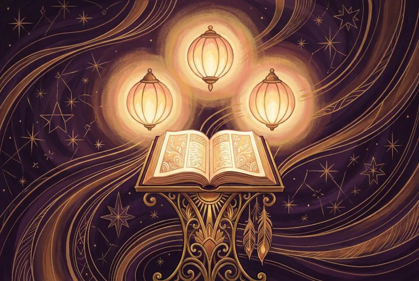 Un livre ouvert sur un lutrin baigné d'une lumière chaude, avant une assemblée